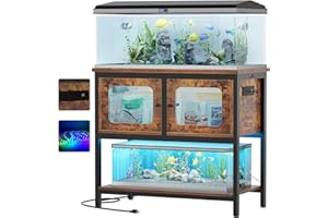 Hyomdeck 40 Gallon Fish Tank Stand with Magic Power Outlets and Smart LED Lights, Aquarium Stand with Storage Cabinet, Reptile Tank Stand with Unique Grid Door Design, Heavy Duty Metal Frame, Rustic