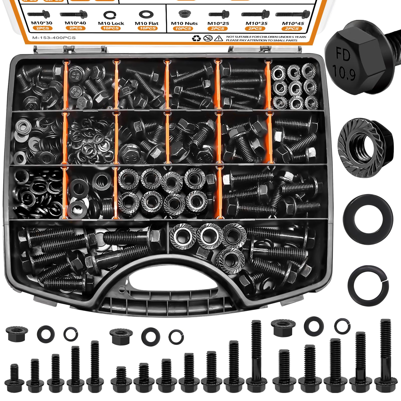 Photo 1 of mankk 400PCS Metric Grade 10.9 Flange Bolts and Nuts Assortment Kit M6x1.0, M8x1.25, M10x1.5 (12mm to 45mm) Black Alloy Steel Class Hex Bolts and Nuts Washers Kit for Automotive