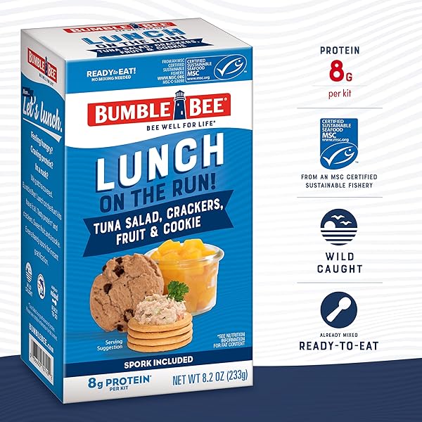 BUMBLE BEE LUNCH ON THE RUN TUNA SALAD WITH CRACKERS KIT, 8.2 OZ – READY TO EAT, INCLUDES CRACKERS, COOKIE & PEACHES – WILD CAUGHT TUNA – SHELF STABLE & CONVENIENT SOURCE OF PROTEIN, EASY OPEN CAN