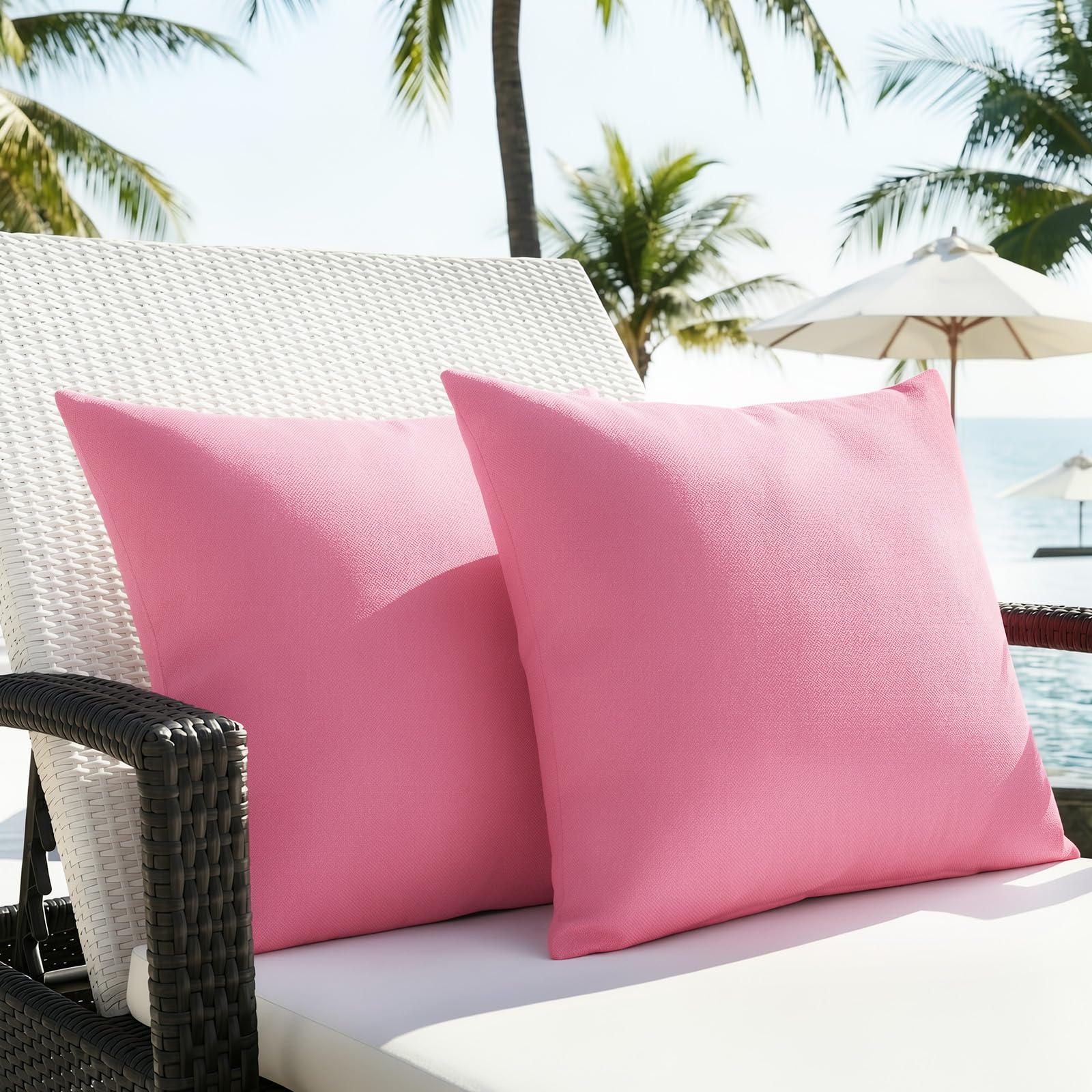 Lewondr Waterproof Outdoor Throw Pillow Cover, 2 Pack Solid PU Coating Throw Pillow Case UV Protection Garden Cushion Cover for Patio Sofa Couch Balcony 18"x18"(45x45cm) - Pink