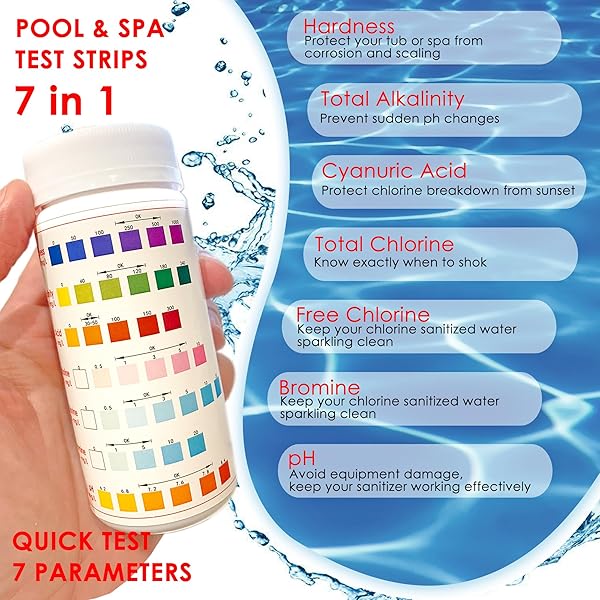 7 IN 1 POOL AND SPA TEST STRIPS, 150 TEST STRIPS, POOL TEST STRIPS, SWIMMING POOL TEST STRIPS, POOL STRIP TEST KIT, POOL TEST STRIPS FOR POOL WATER, HOT TUB AND SPA TEST STRIPS