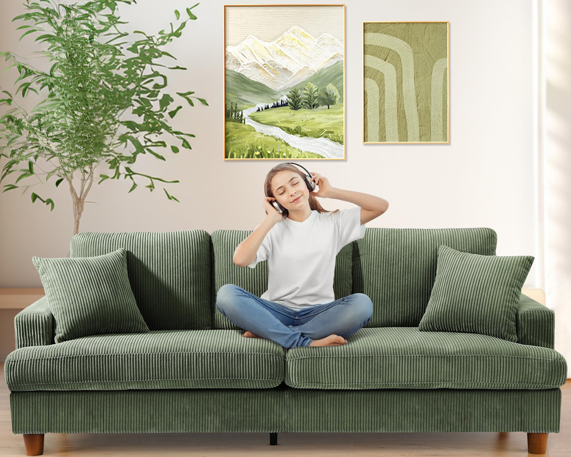 Photo 1 of Kidirect 87in Green Sofa, Couches for Living Room 21in Extra Deep Seats, Comfy Corduroy Sofas for Living Room No Tool Assembly, Modern Oversized Love Seat with 2 Pillows, Sofa Couch for Bedroom