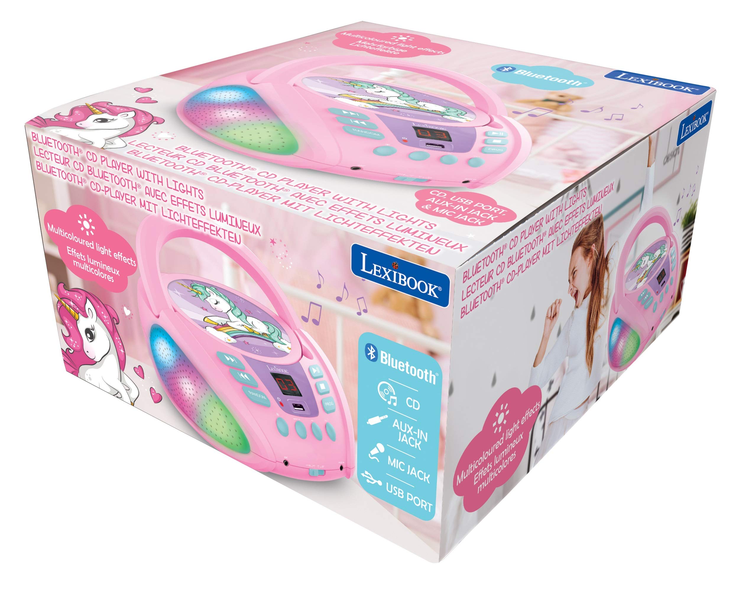 Lexibook Unicorn - Bluetooth CD Player for Kids – Portable, Multicoloured Light Effects, Microphone Jack, Aux-in Jack, AC or Battery-Operated, Girls, Boys, Pink, RCD109UNI