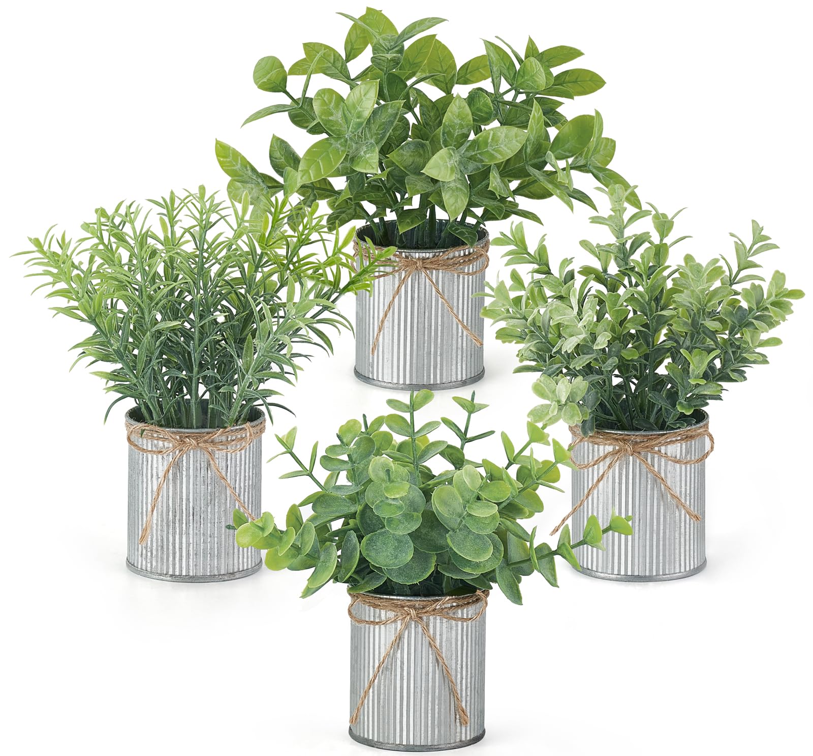 Mkono 4 Packs Small Fake Plants in Farmhouse Galvanized Pots Table Centerpiece Mini Potted Artificial Plants Faux Eucalyptus for Shelf Office Rustic Home Decor (Gray, Small-7.5" H)