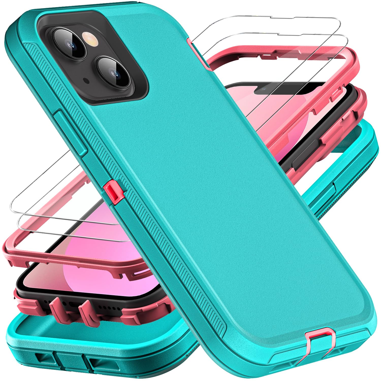 YKHJKLEC for iPhone 13 Mini Case, Military Grade 3 in 1 Heavy Duty Shockproof/Drop Proof/Dust Proof Case with 2Pcs Tempered Glass Screen Protector (Aqua Blue/Pink)