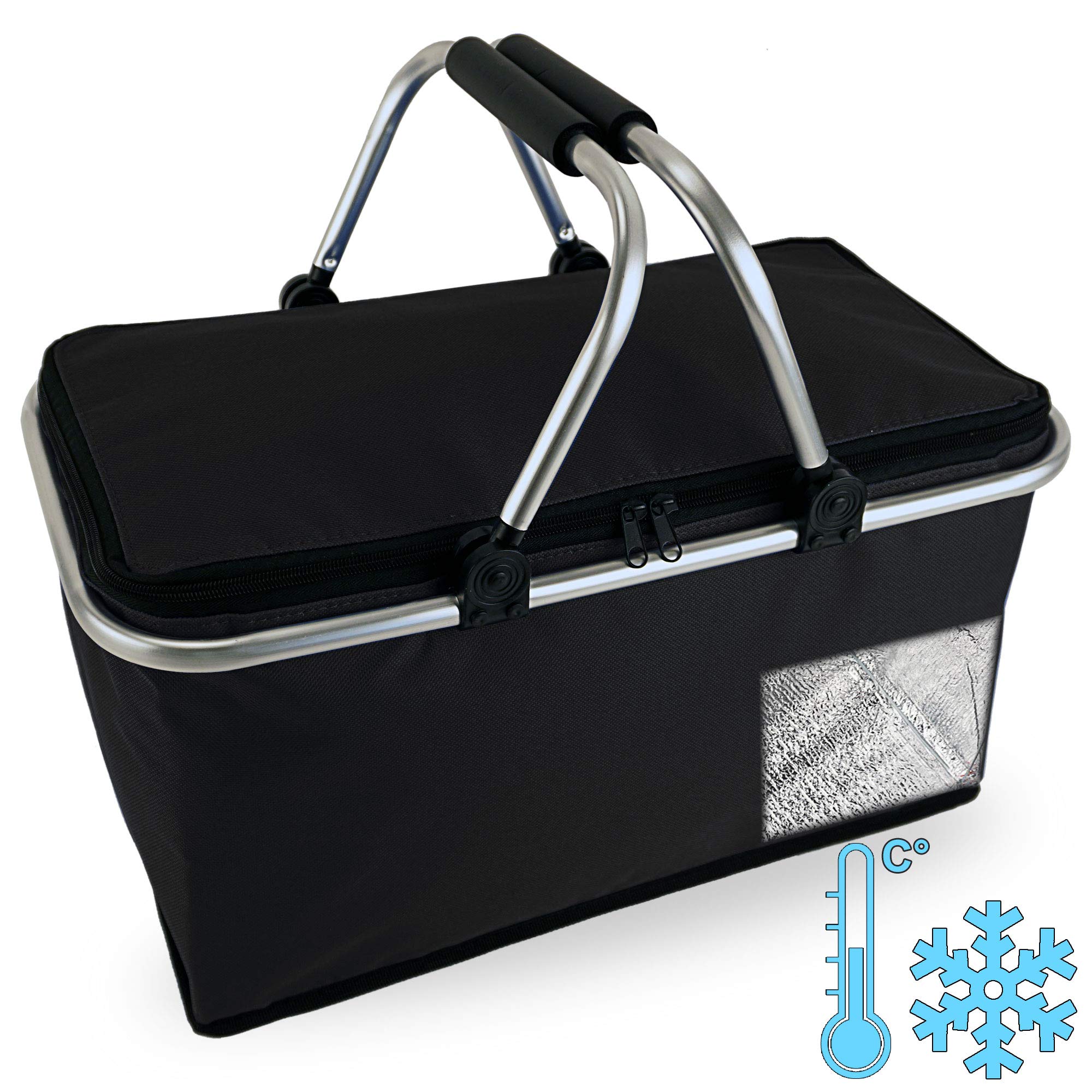 Cepewa Foldable Shopping Basket with Thermal Function 30 L Cooler Bag Thermal Basket Picnic Basket Insulated Bag (Black with Thermal Function)