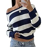 Verdusa Striped Off The Shoulder Sweater Oversized Sweaters Long Sleeve Y2K Loose Knitted Pullovers