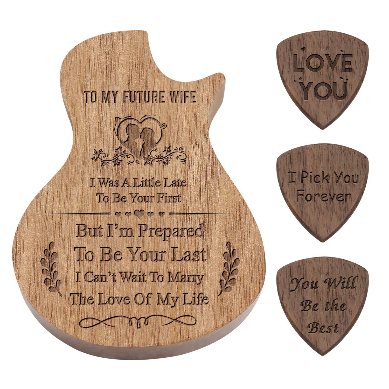Custom Engraved Wooden Guitar Pick Box Holder Personalised Guitar Shape 3 Compartments Paddles Wood Container with 3pcs Picks Practical Musical Instrument Parts (To My Future Wife)