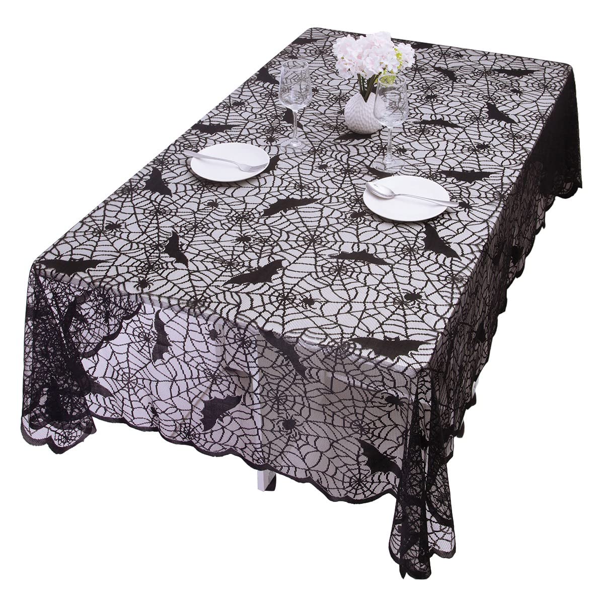 KYEYGWO Halloween Cobweb Table Cloth Lace Fabric Spider Web rectangle Gothic Table Cover Spooky Black Lace Bat Pattern Decor Accessories for Halloween Party, 83'' x 60''