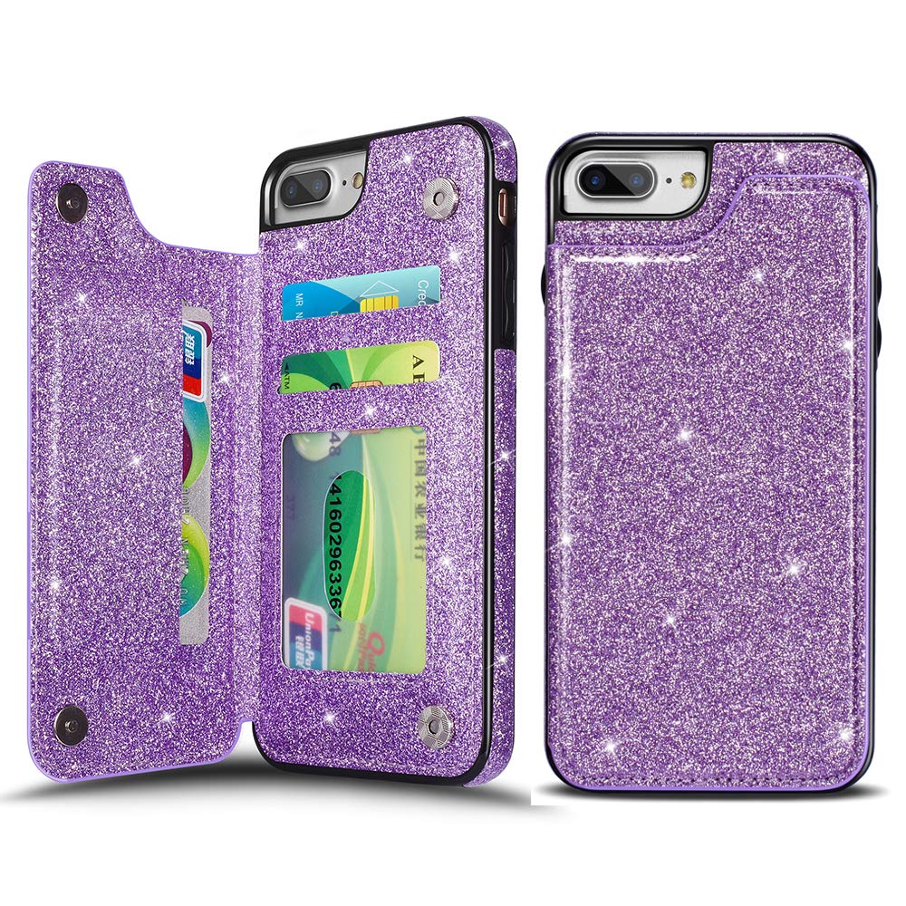 UEEBAI Case for iPhone 7 Plus 8 Plus, Premium Glitter PU Leather Case Back Wallet Cover [Two Magnetic Clasp] [Card Slots] Stand Function Durable Shockproof Soft TPU Case for iPhone 8 Plus - Purple#2 — image 1