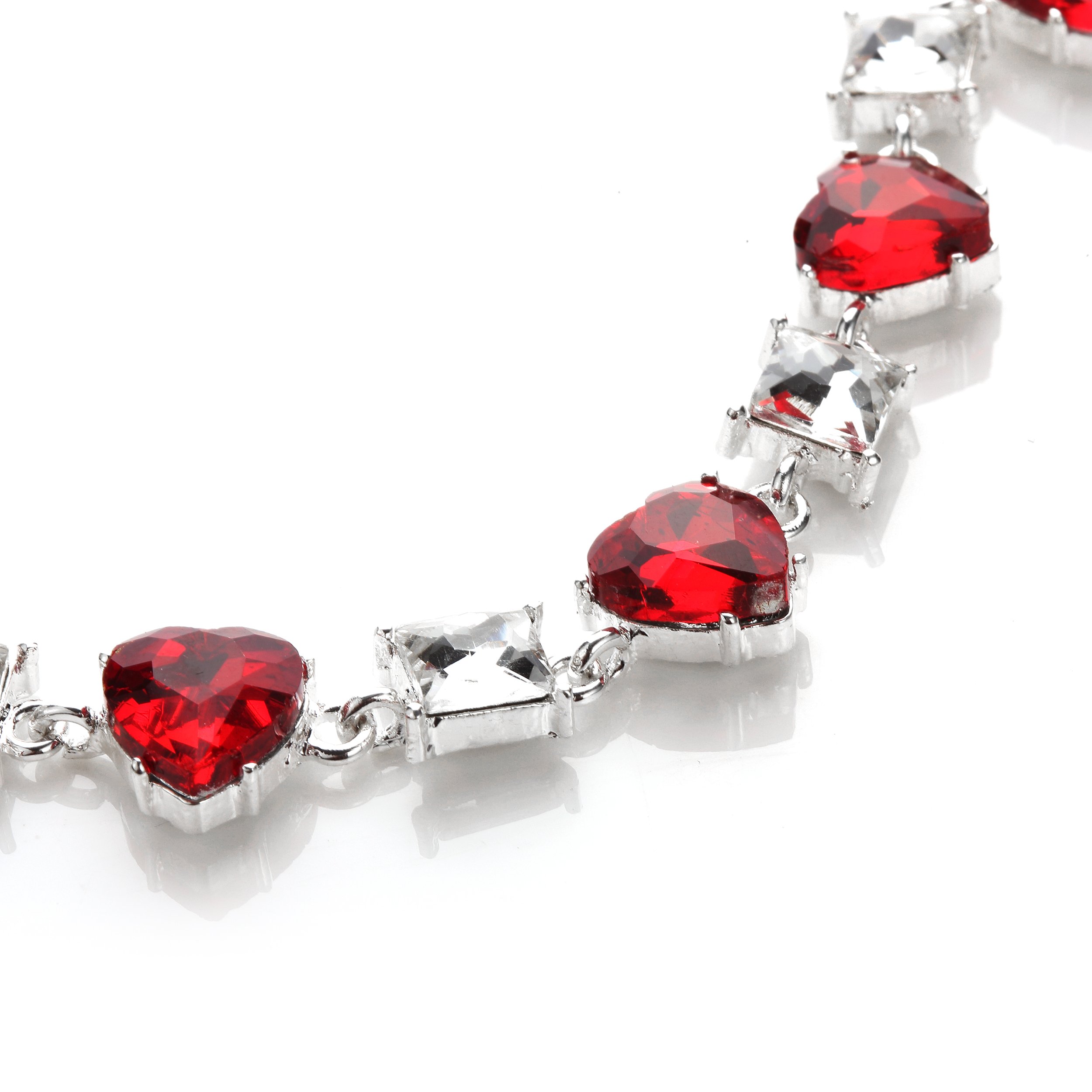 NOVADAB Red Heart Gem Tennis Bracelet, Silver Plated Red and White Stone Studded Perfect Fit Bracelet – 6.5”