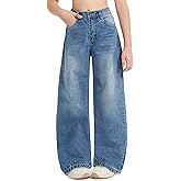 EXARUS Girls Jeans Baggy Wide Leg Cute Teen Denim Pants Junior Mid Rise Elastic Band with Pockets Casual Clothes