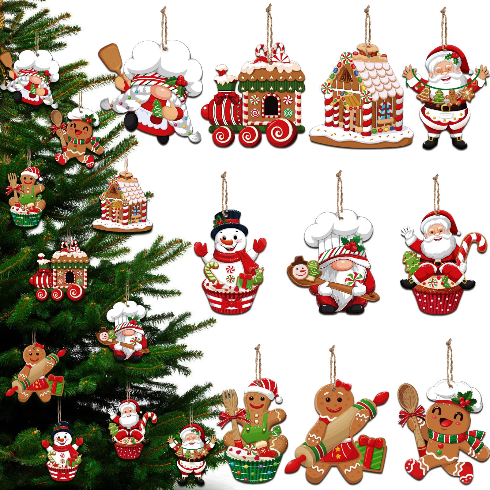Photo 1 of 30 Pcs Gingerbread Christmas Ornaments Wooden Chef Santa Baking Gingerbread Candy Cake Decorations Christmas Tree Decoration Hanging Christmas Kitchen Decorations for Xmas Tree Home Decor
