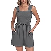 QIXING Women's Summer Casual Rompers Dressy Smocked Loose Comfy Short Jumpsuits Vacation Outfits With Pockets