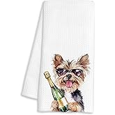 FTKBGHY Funny Champagne Yorkshire Terrier Kitchen Towels, Gifts for Yorkie Lovers, Champagne Lover Gifts Decorative Dish Hand Tea Towels for Kitchen Home Bar, 16x24 Inch