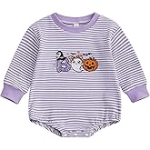 Karuedoo Newborn Baby Boy Girl Halloween Outfit Pumpkin Ghost Embroidery Stripe Long Sleeve Bubble Romper Waffle Bodysuit