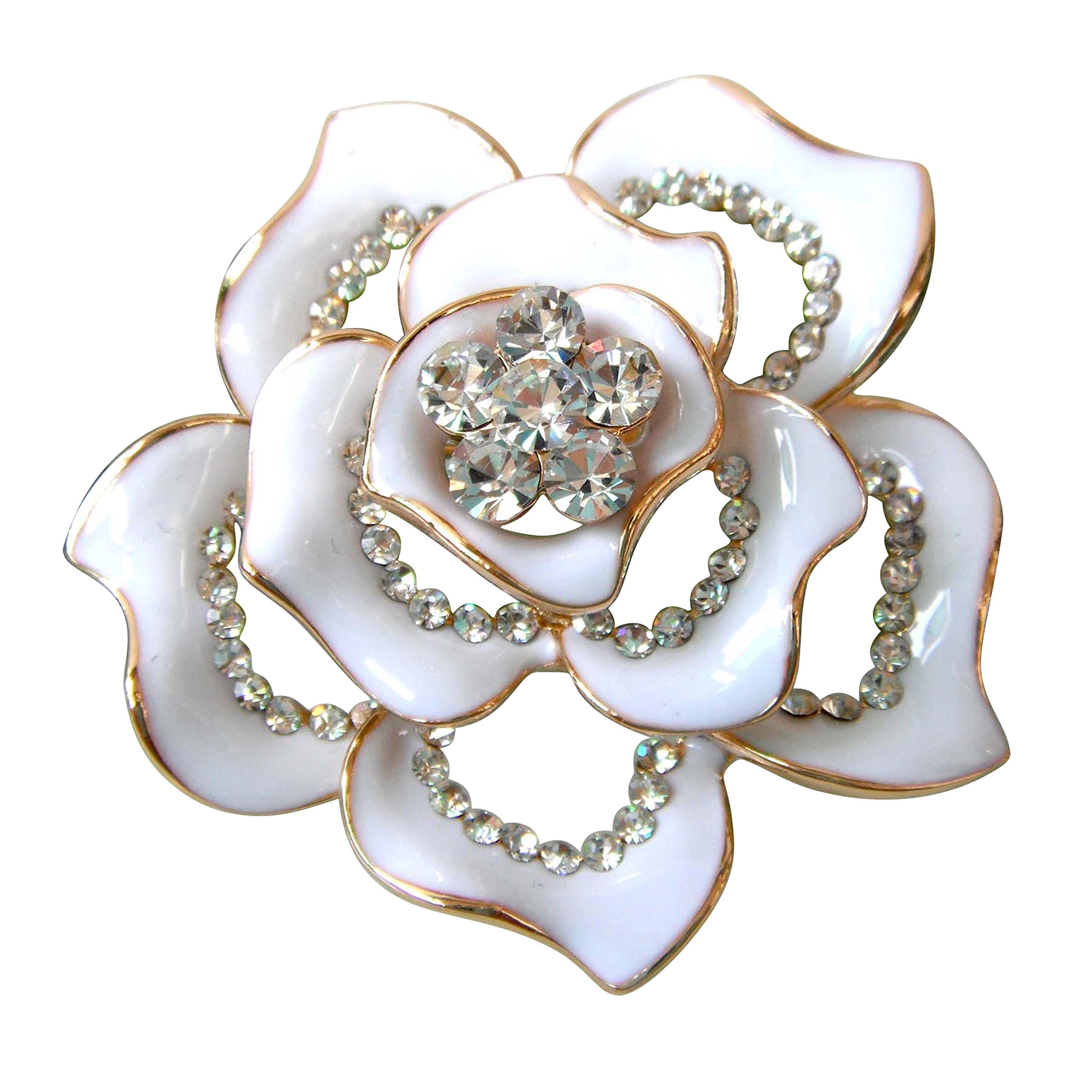 Navachi 18k Gold Plated Clear Crystal White Enamel Flower Az7433b Brooch Pins