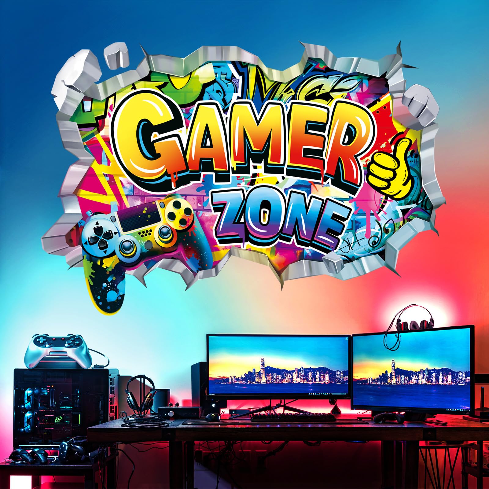 decalmile Large 3D Gamer Zone Wall Decals Gamer Controller Gaming Wall Stickers Boys Bedroom Kids Room Playroom Wall Decor