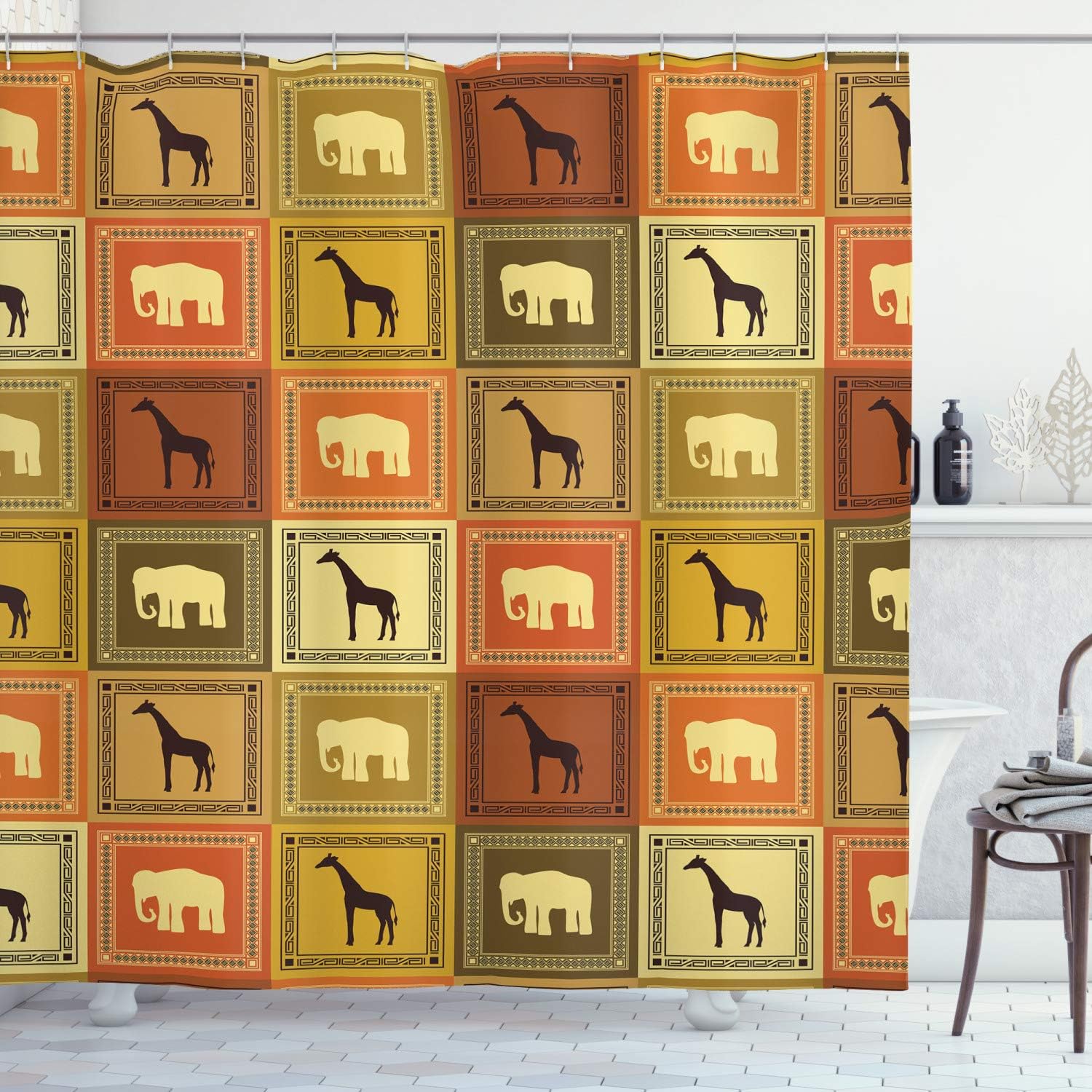 Ambesonne Safari Shower Curtain, Animals Pattern Silhouette Exotic Fauna Frame Vintage Illustration, Cloth Fabric Bathroom Decor Set with Hooks, 75