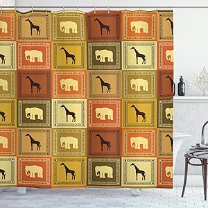 Ambesonne Safari Shower Curtain, Animals Pattern Silhouette Exotic Fauna Frame Vintage Illustration, Cloth Fabric Bathroom Decor Set with Hooks, 75