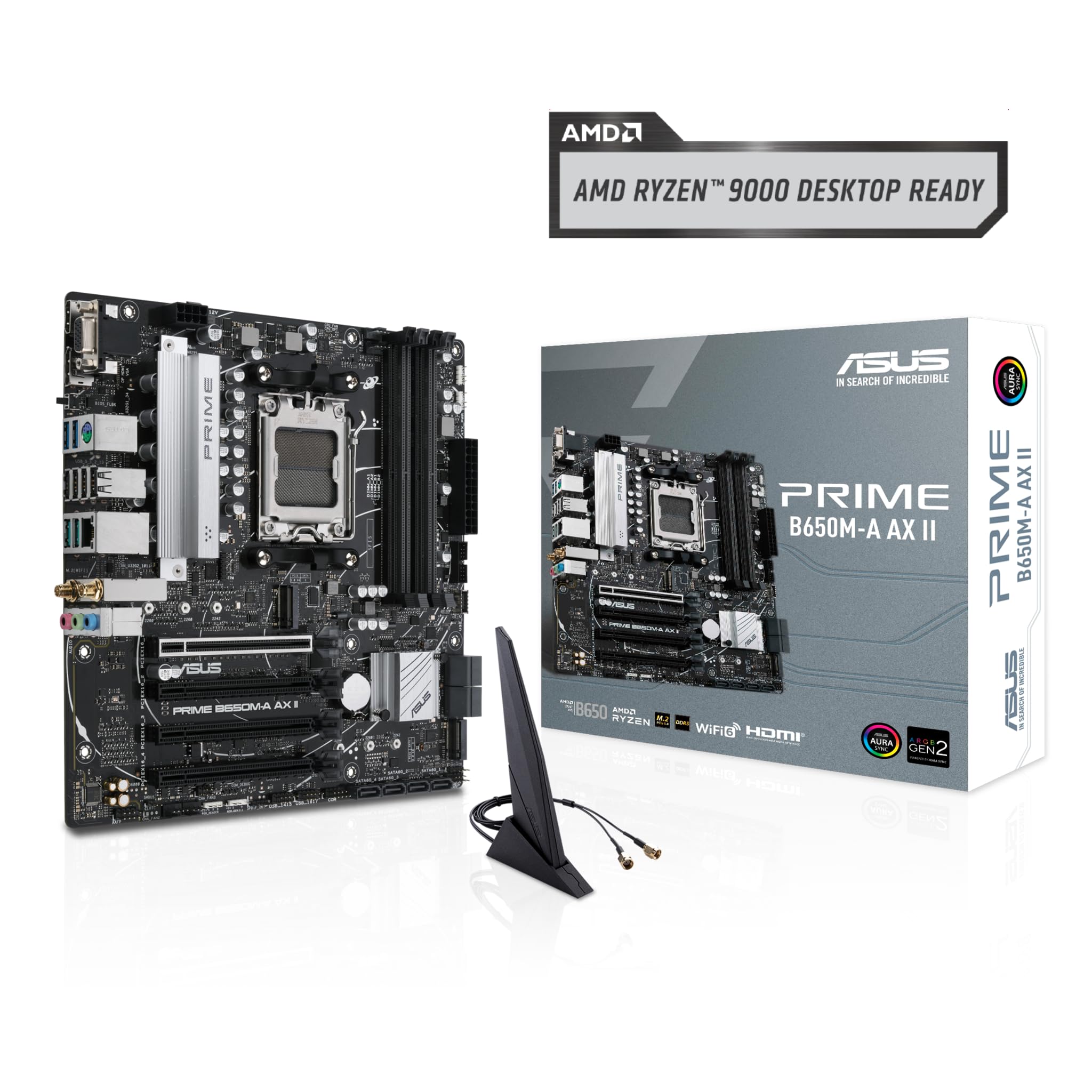 ASUS Prime B650M-A AX II AMD B650 AM5 Ryzen™ Desktop 9000 8000 & 7000 Micro-ATX mATX Motherboard, DDR5, PCIe 5.0 M.2, 2.5Gb LAN, Wi-Fi 6, DisplayPort, HDMI®, USB 3.2, USB 3.2 Type-C®, BIOS Flashback™