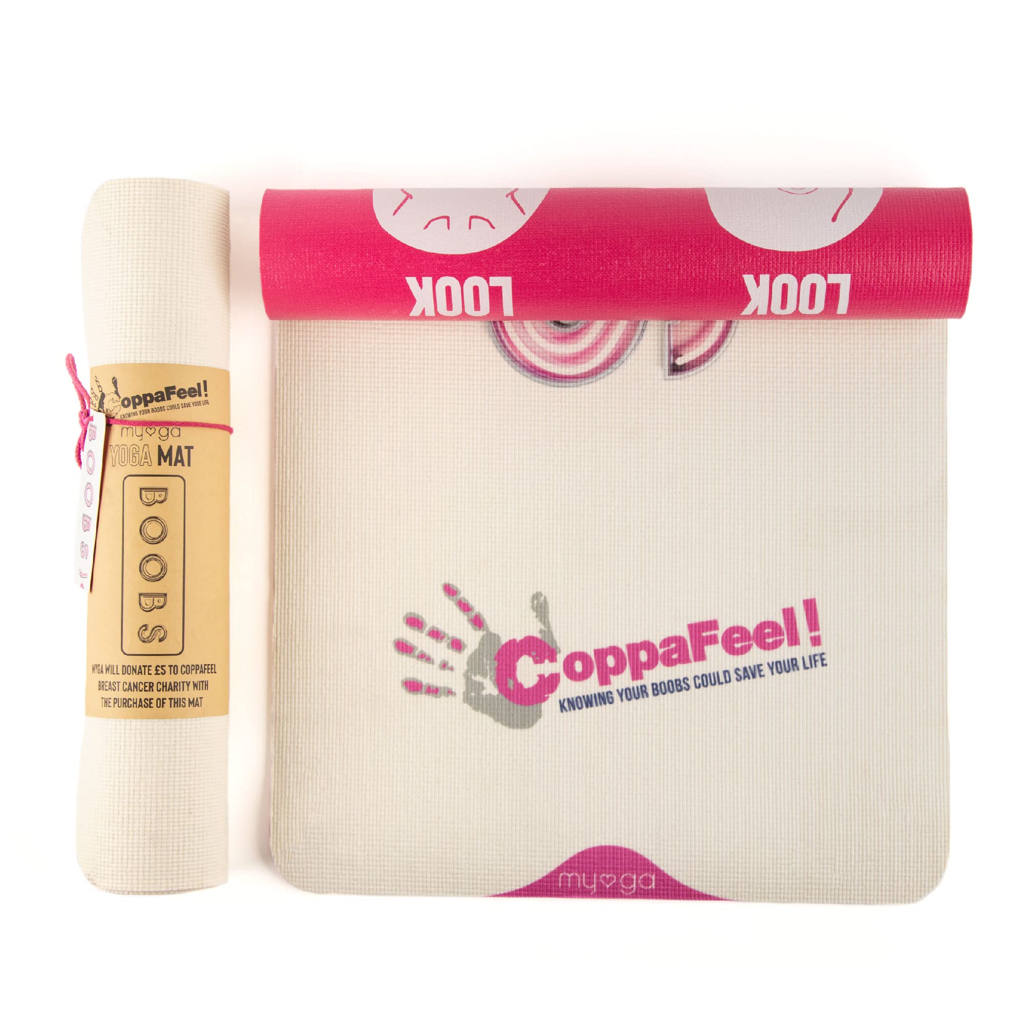 Myga Yoga Mat - CoppaFeel! Exercise Mat for Yoga, Pilates, Gymnastics & Fitness - Non-Slip Multipurpose Mat for Breast Cancer Charity with Carry Strap - 183cm x 61cm x 6mm - Neon Breasts