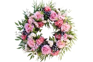 Rose Wreath, 22 Inch Fade Resistant Spring Wreaths, Realistic Flower Wreath for Front Door, Peony for Farmhouse Door Wall Win