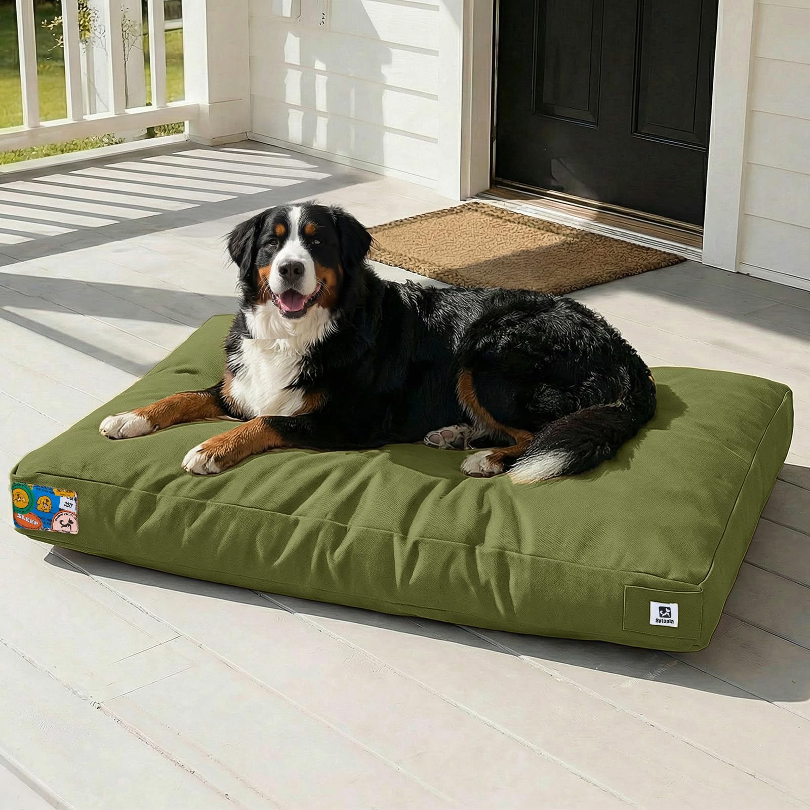 Photo 1 of Sytopia 47 Inch Canvas Indestructible Outdoor Dog Bed for XXL Dogs, Chew Proof Dog Bed with Waterproof Washable Removable Cover, Indoor Patio Pet Pad for Crate, Green