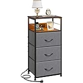 WLIVE Nightstand with Charging Station, 31.9" H Nightstand with 3 Fabric Drawers, LED Bedside Table with USB Ports and Outlets, End Table for Bedroom, Dorm, Entryway, Dark Grey