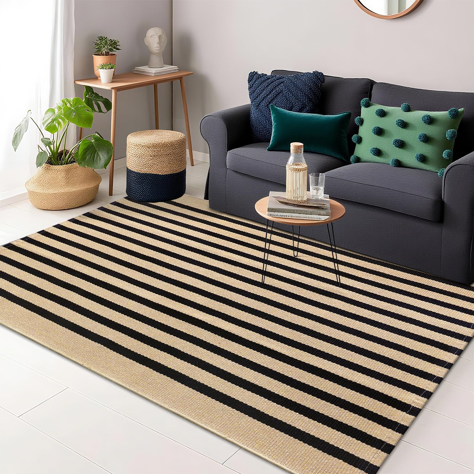 Photo 1 of **IT NEEDS TO BE CLEANED, IT HAS HAIR.***
OLANLY Brown and Black Striped Rug ' – Washable Cotton Doormat for Indoor Outdoor Use, Layered Front Porch Rug for Entryway, Kitchen, Patio