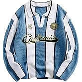 EAUDRM Men's Striped Sweater Vintage Graphic Sweater Shirt Y2k Jersey V Neck Collared Sweaters Preppy Clothes