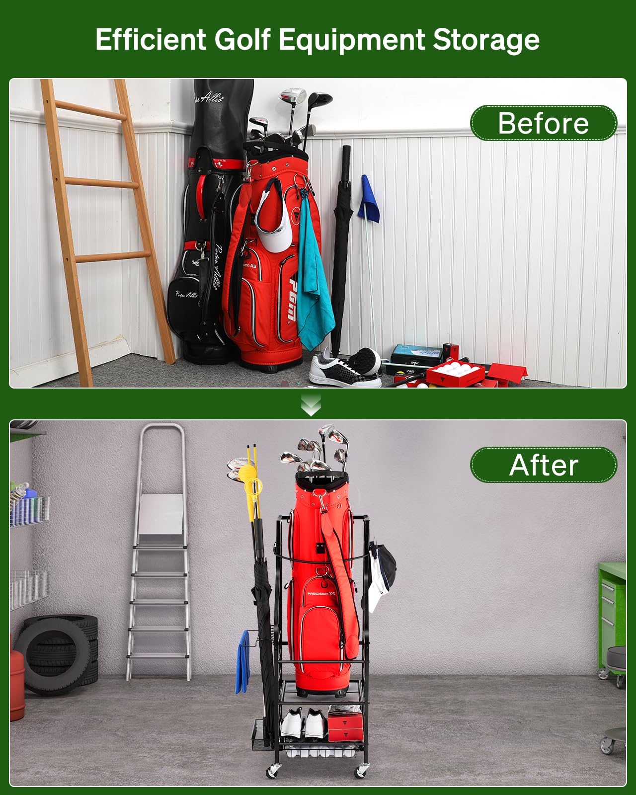 Golf Bags Storage Garage Organizer - Golf Bag Stand Fit Single Golf Bags, Golf Clubs, and Golf Equipment Accessories, Golf Bag Storage Rack with Wheels for Garage, Club, Shed, Basement