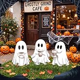 Amyhill 3 Pcs Halloween Outdoor Decor, Metal Ghost Coffee Bar Sign 24 Inch | Ghost Drinking Coffee Stakes, Cute Spooky Yard Signs for Halloween Outdoor Garden Patio, Lawn, Coffee Bar Party Decors