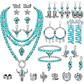 NVENF Western Jewelry Set for Women - Bohemia Turquoise Collar Necklace, Cowboy Boot Howdy Hoop Dangle Earrings, Beaded Stretch Bracelet, Joint Knuckle Rings - Cowgirl Jewelry