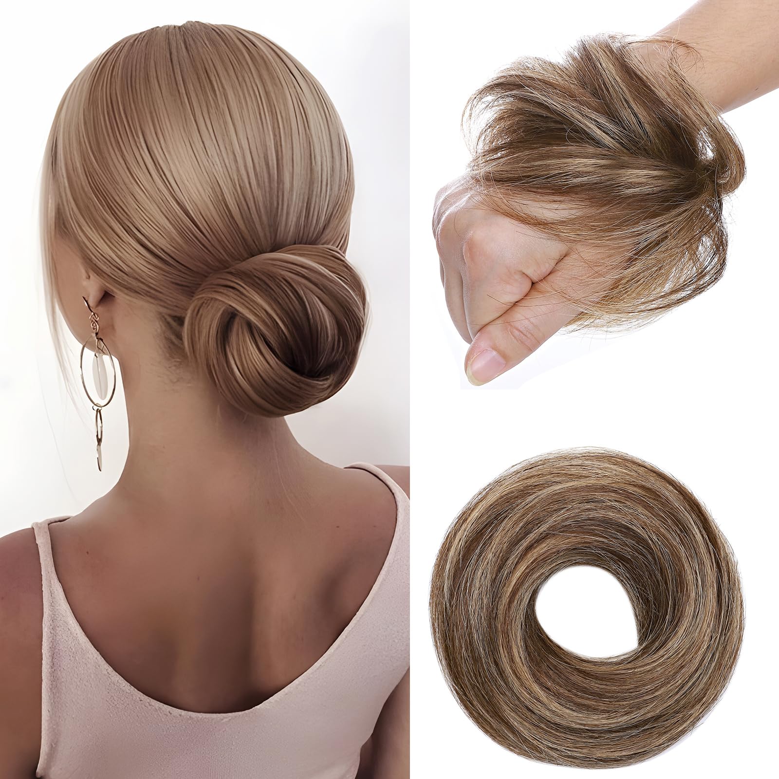 Elailite Hair Buns Real Remy Human Hair Scrunchy Updo HairPiece Extensions Donut Chignons Straight - Mix #4/27 Medium Brown & Dark Blonde