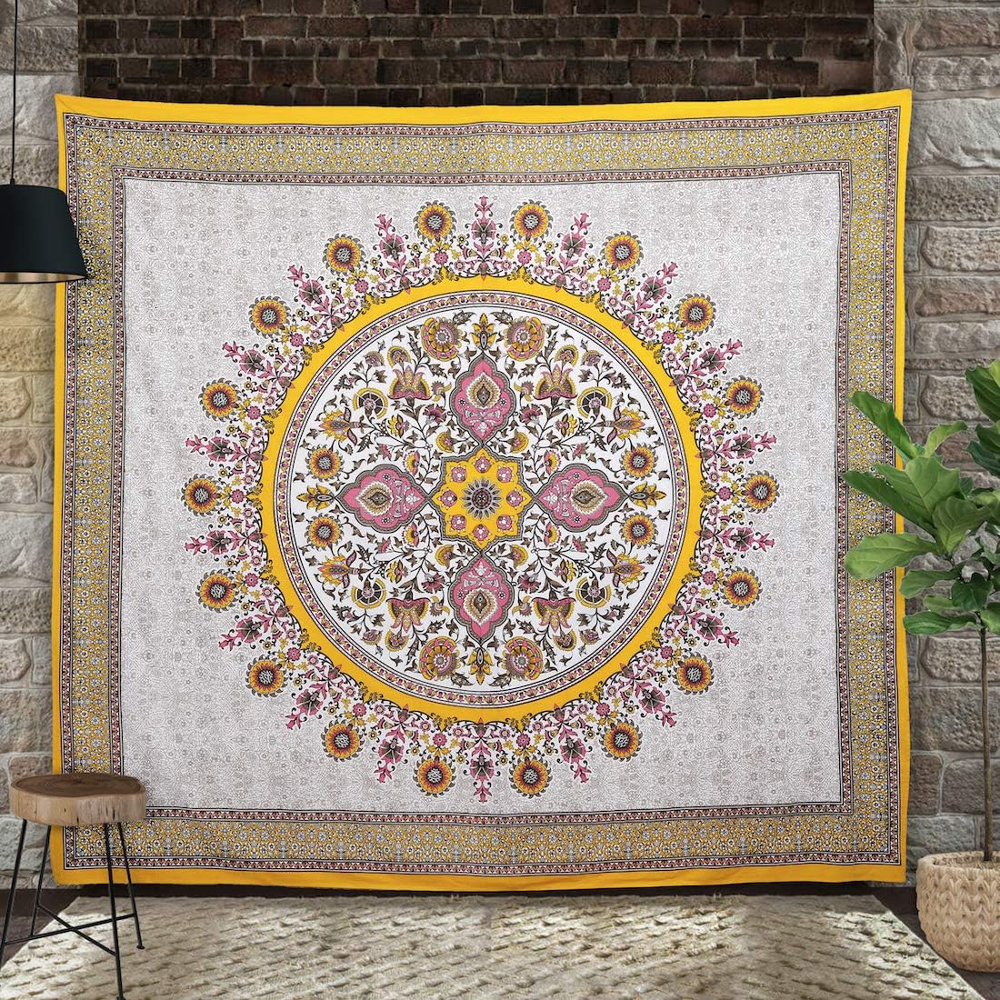 Madhu International Yellow Mandala Tapestry Floral Bohemian Headboard Hippie Tapestries Indian Cotton Handmade Bedspread (Yellow, Queen(84x90Inches) (215x230cms))