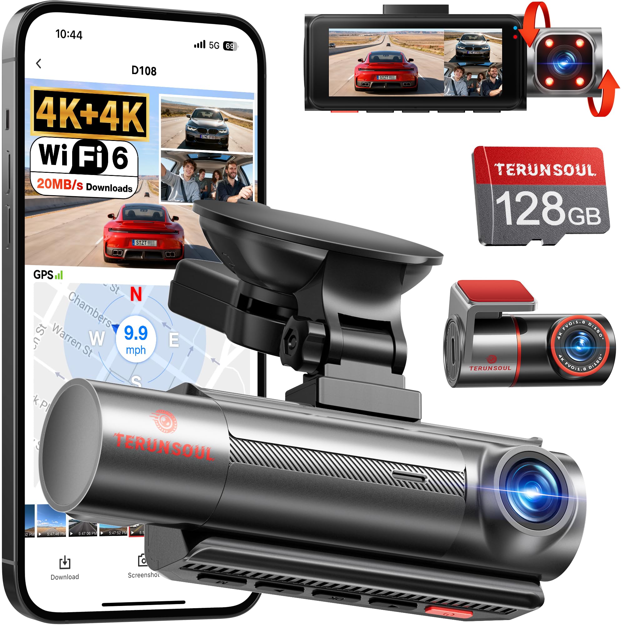 TERUNSOUl 4K+4K+1080P Dash Cam Front and Rear with Cabin, Free 128GB Card Included, WiFi 6 - up to 20MB/s, IR Night Vision, Built-in GPS, G-Sensor, 170°Wide Angle, 24H Parking Mode, Support 512GB Max Image