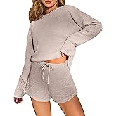 Ekouaer Waffle Knit Pajama Sets for Women Solid Lounge Sets Long Sleeve Top and Shorts Pjs S-XXL