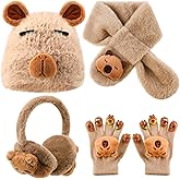ShinyMatch 4 Pcs Kids Winter Capybara Hat Earmuffs Scarf and Gloves Set Capybara Plush Warm Set Cartoon Winter Hat for 7-12