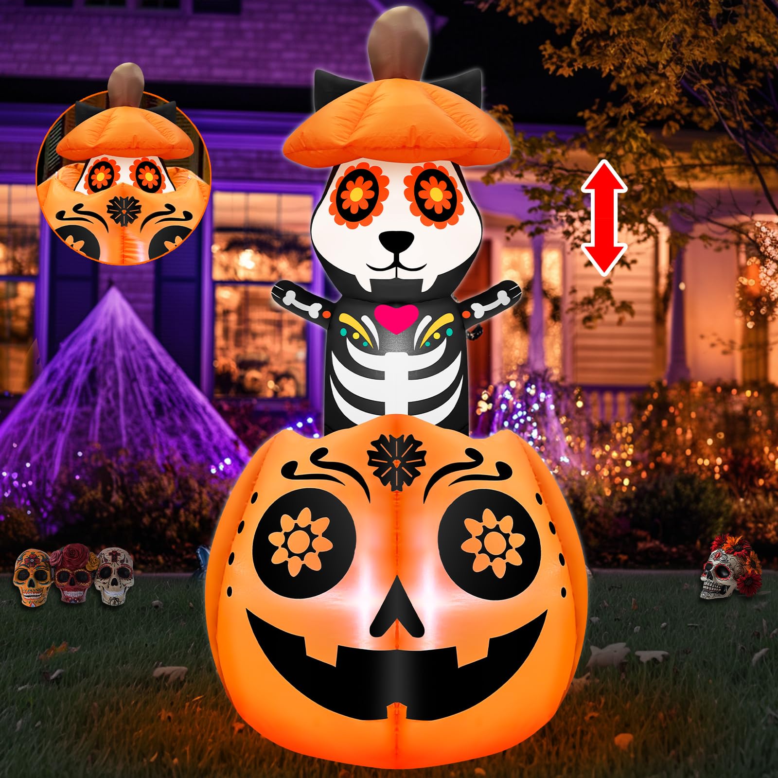 Photo 1 of [ Pop Up and Down ] 5 Ft Day of The Dead Halloween Inflatable Animated Black Cat On Pumpkin with Sugar Skull, Dia De Los Muertos Decorations Blow Up Calaveras Cat with Built-in LED Yard Lawn Garden
