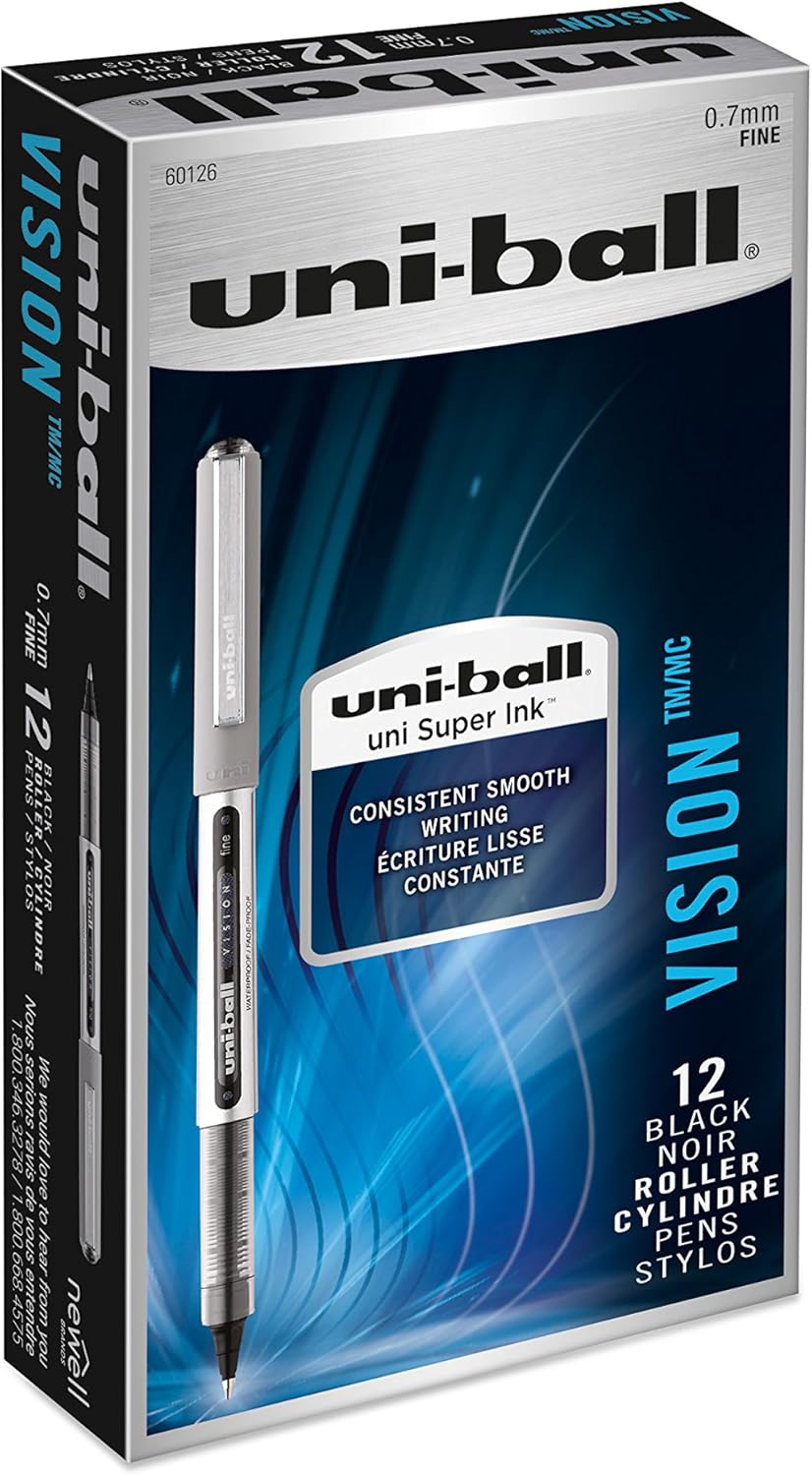 uni-ball Vision Rollerball Pens, Fine Point (0.7mm), Black, 5 Count: Office Products