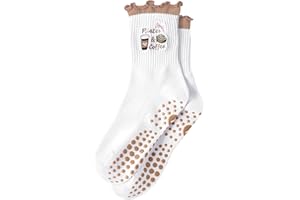Yawlsow Cute Pilates Grip Socks for Women Ruffle Frilly Yoga Socks Non Slip Cotton Crew Grippy Sock for Barre Workout