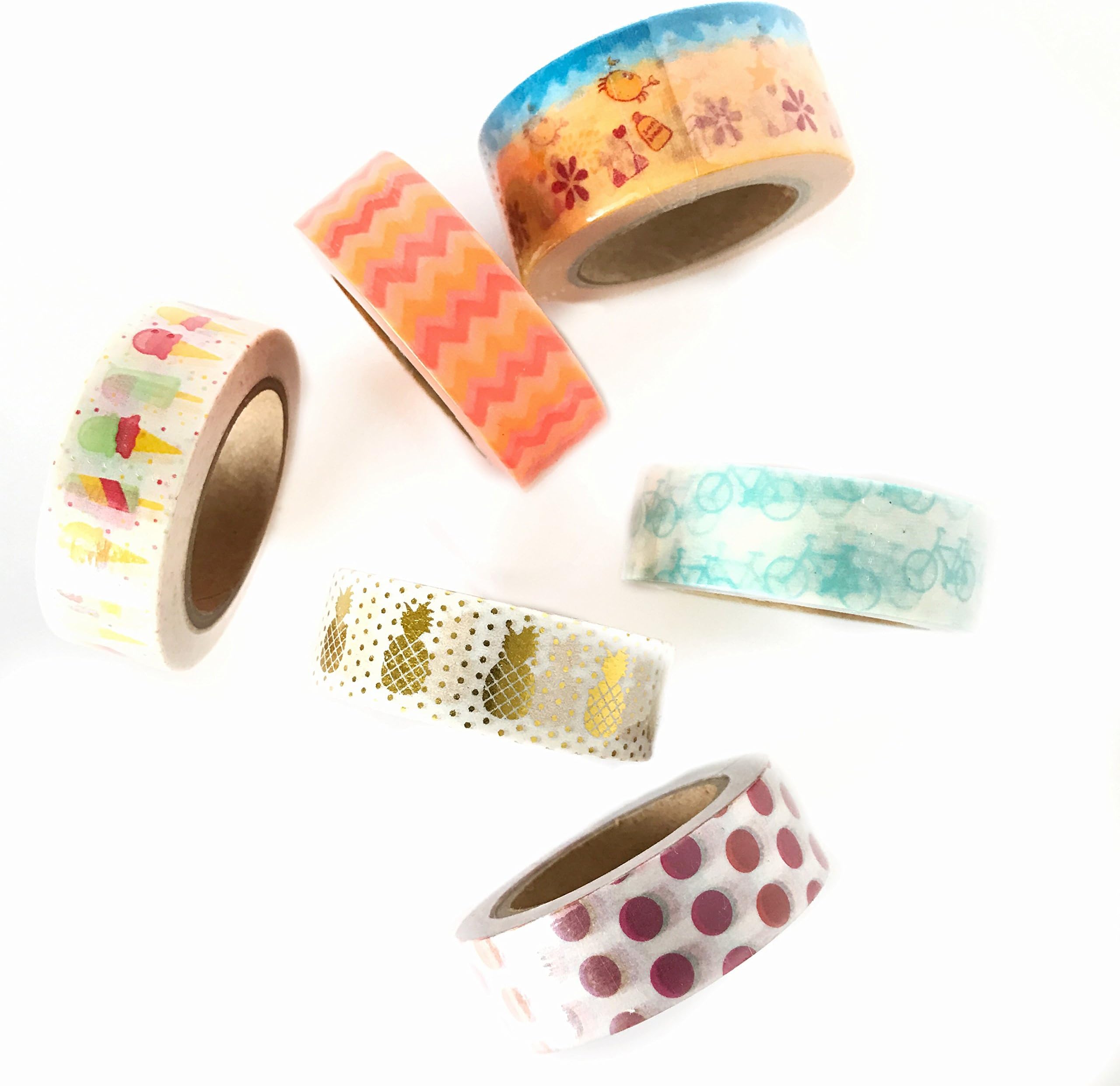 Decorative Japanese Washi Tape/Masking Tape, Set of 6 - Summer Prints with Popsicles and Pineapples; Perfect for Craft, DIY, Special Occasions, Wall Decor, Bullet Journals