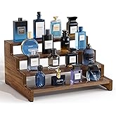 ZUJJAFY Cologne Organizer for Men, 4 Tier Wooden Cologne Stand Mens Fragrance Shelf, Tiered Wood Risers Display Stands for Perfume, Cupcake, Figures, Dessert, Brown