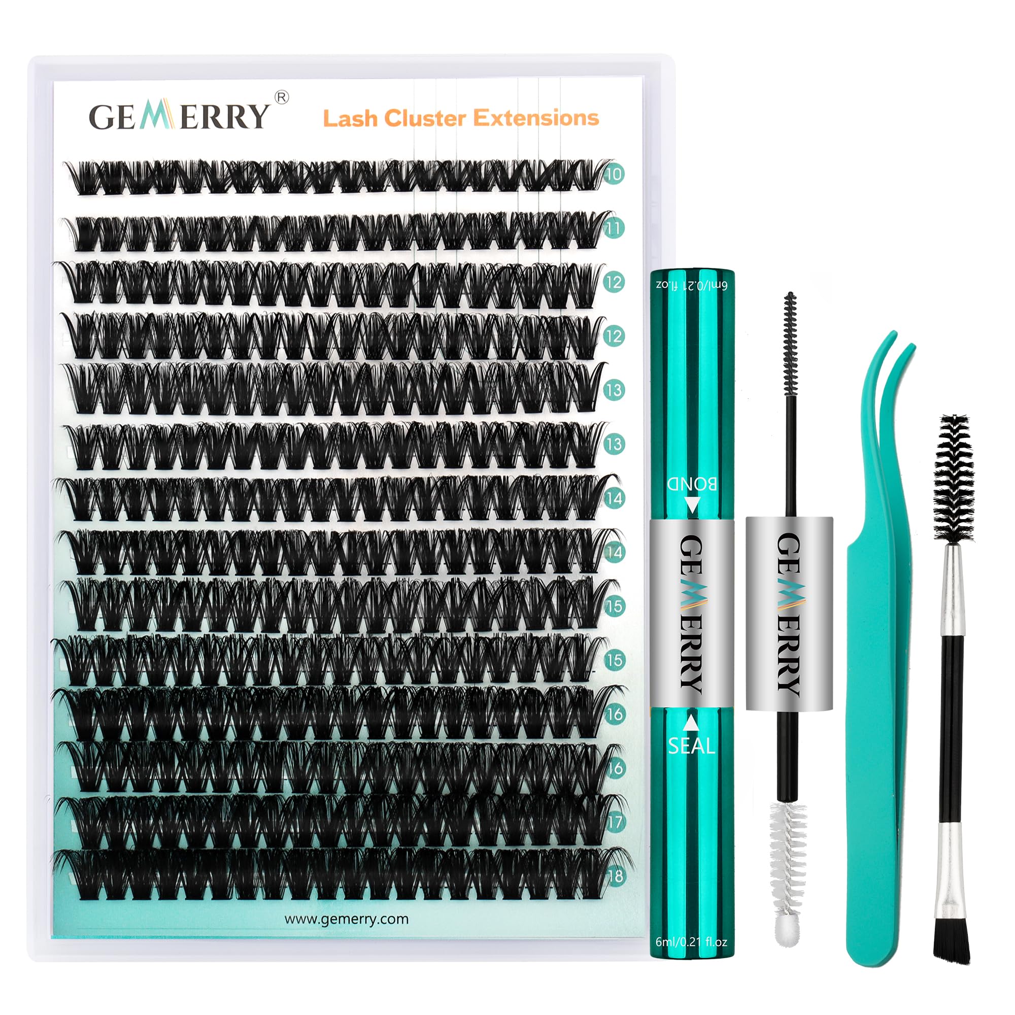 GEMERRY Lash Extension Kit 280Pcs Lash Clusters DIY Individual Eyelash Extension Kit D Curl Volume Cluster Lashes Wispy with Lash Bond and Seal and Lash Tweezers (60D-0.07D,10-18MIX-KIT)