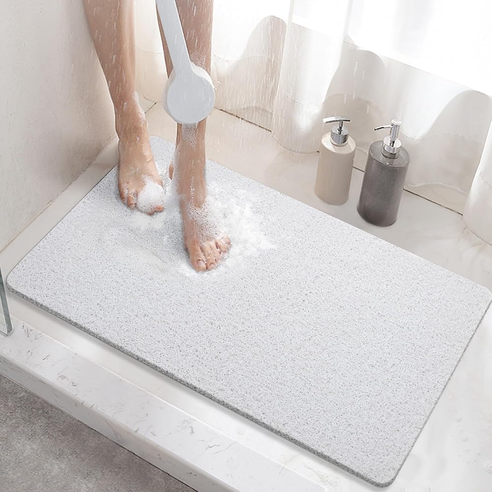 HITSLAM Non Slip Shower Mat 60x40 cm PVC Loofah Drain Fast Dry White