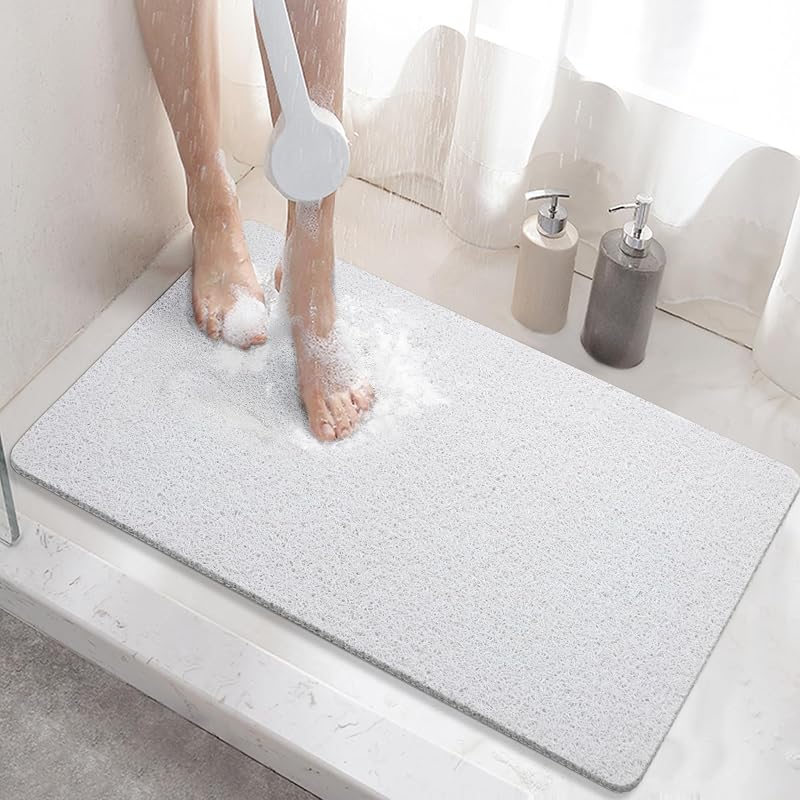 HITSLAM Non Slip Shower Mat 60x40 cm PVC Loofah Drain Fast Dry White