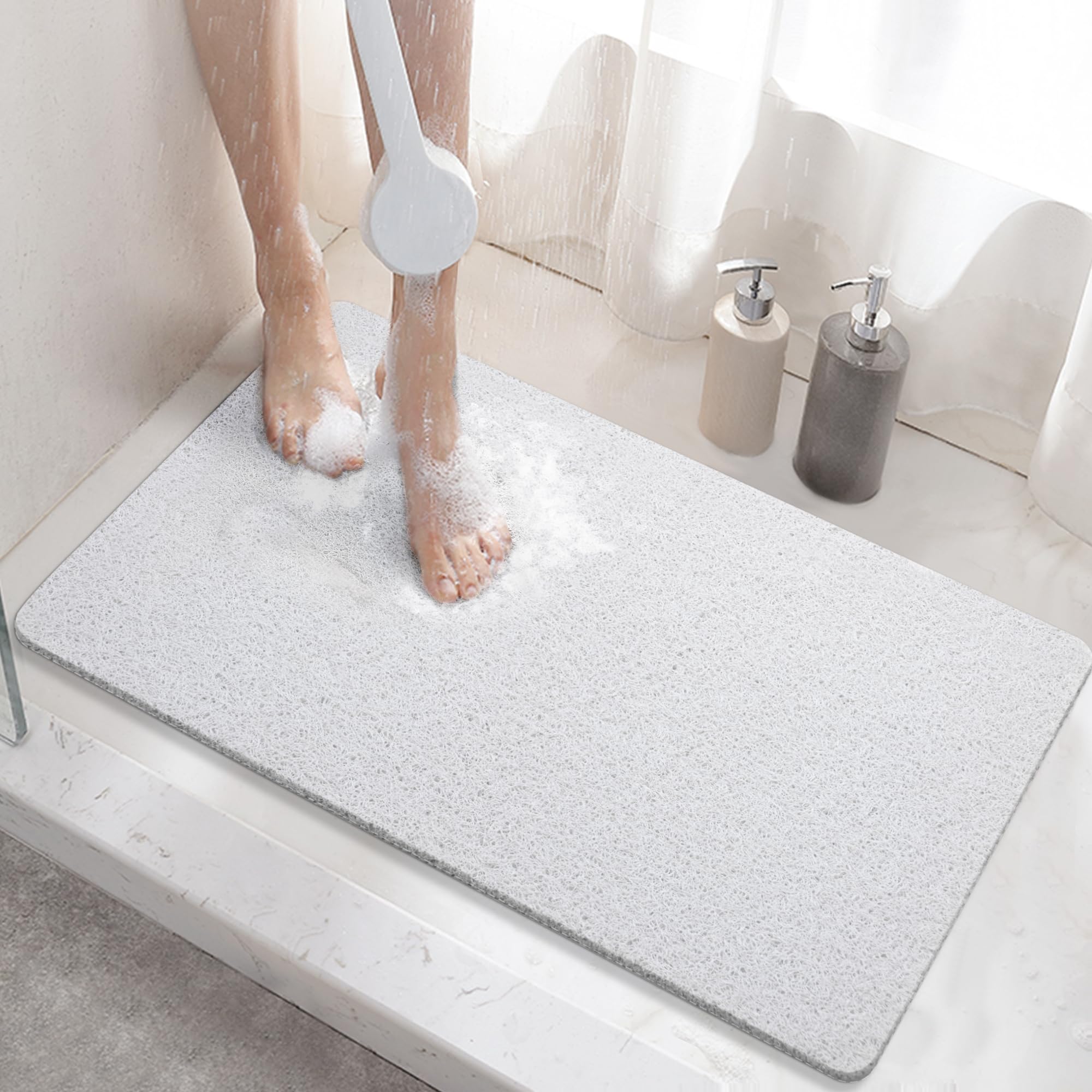 HITSLAM Shower mat Non Slip, 60 x 40 CM Non Slip Bath Mat with Drain, Soft PVC Loofah Shower Bath Mat for Tub, Quick Drying Shower Mat for Bathroom, White