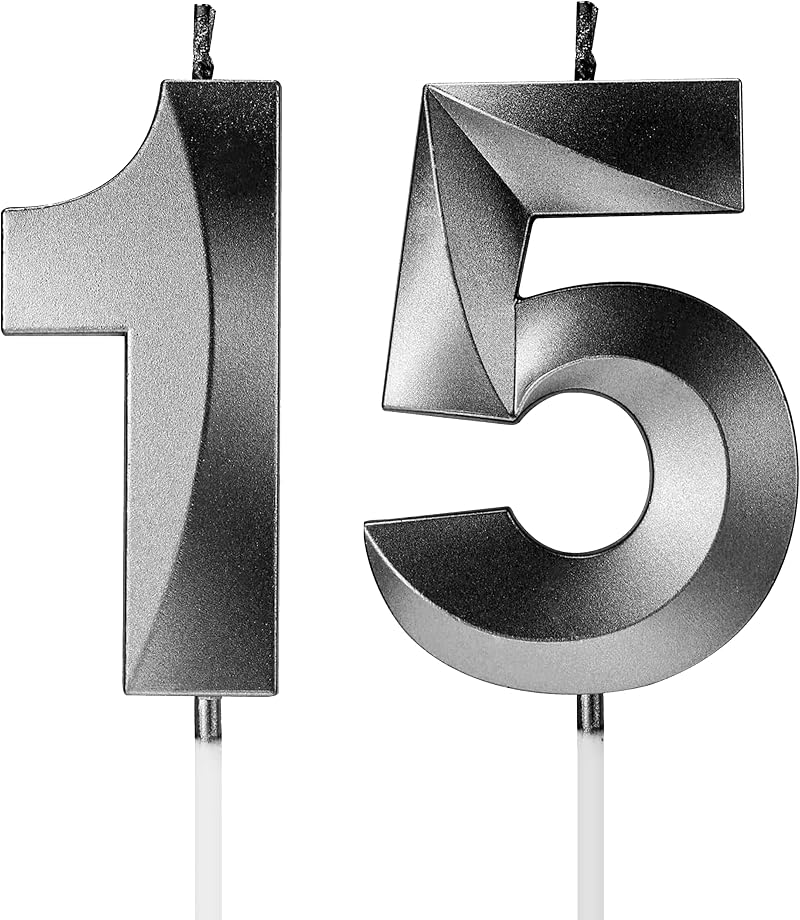 TOYVENTURES 3D Number Birthday Candles 15 Black Smokeless Safe Cake Topper