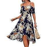 SweatyRocks Women's Floral Print Short Sleeve Cold Shoulder Dress Asymmetrical High Low Ruffle Midi Dresses